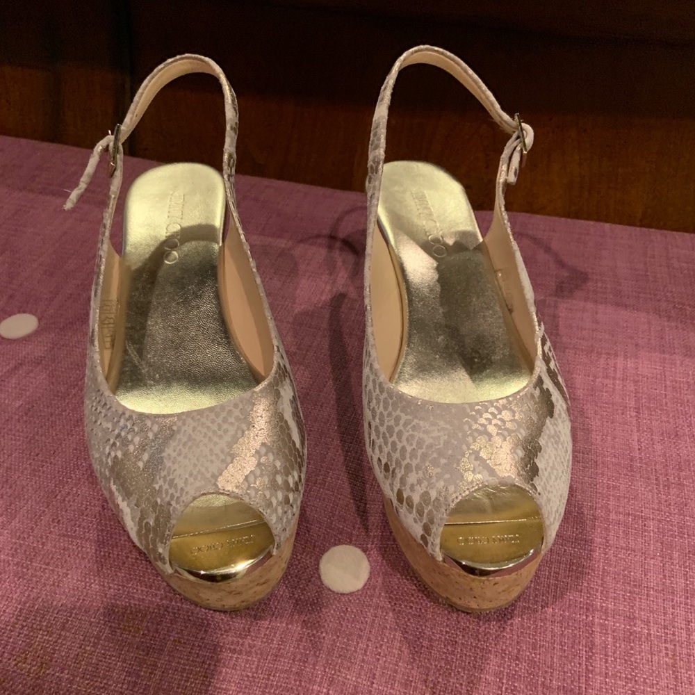 Jimmy choo slingback metallic snake-print wedges